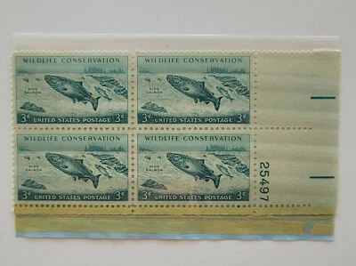 US 1956 Wildlife Conservation King Salmon 3c Block of 4 Stamp Scott #1079 MNH OG - Image 1 of 4