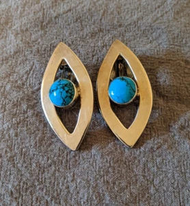 Vint Taxco Mexico 925 Sterling Silver & Turquoise Clip-on Almond-Shaped Earrings - Picture 1 of 3