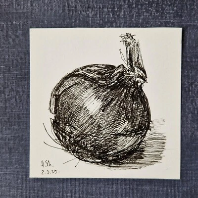 Original ink drawing onion still life mini art 4x4 - Image 1 of 4