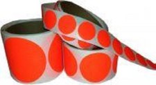 Dayglo Red Self-Adhesive Pasters, 2 rolls of 2" pasters.