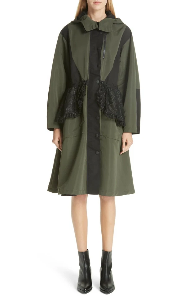 SANDY LIANG Olive Black TURNER Lace Ruffle Peplum Hooded Anorak Coat Jacket 8 40 - Image 1 of 4
