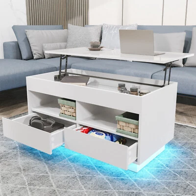 RGB LED Lift Top Coffee Table Drawers Living Room Hidden Compartment Open  - Image 1 of 4