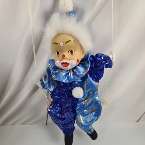 Vintage Circus Clown Doll Porcelain Head String Marionette Puppet on Swing - Picture 1 of 11