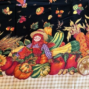 WIDE Autumn Fall Tossed Scarecrows Harvest Plaid Border Kessler 1.6 Y - Picture 1 of 3