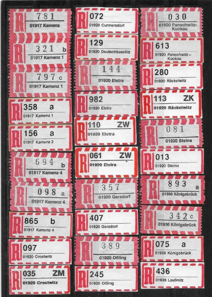 R-Zettel/BRD/5-stellige PLZ/01917 Kamenz - 01936 Laußnitz (30 versch.) - Bild 1 von 1