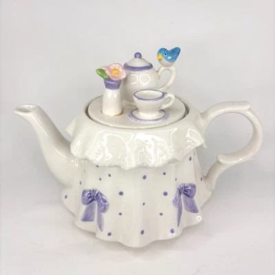 Tetera vintage Teleflora "The Tea Party" volantes morados lazos flores pájaros LEER Foto 1 de 4