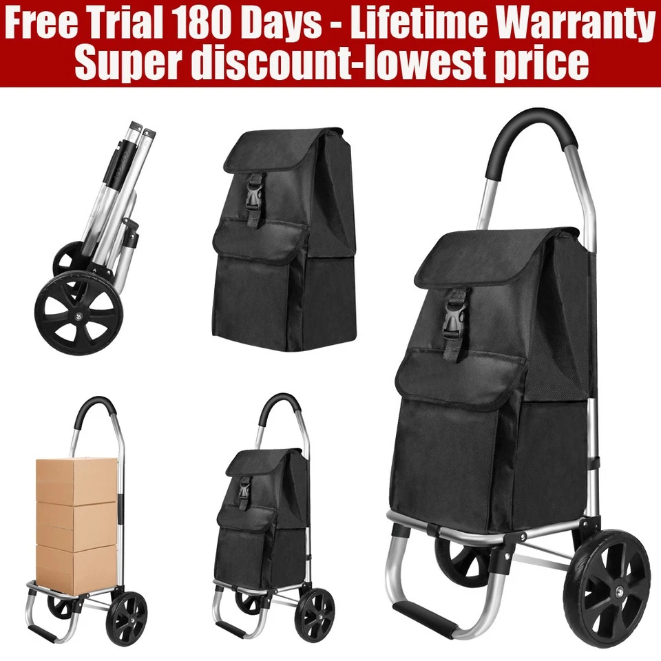 Hoppa Lightweight 6-Wheel Folding Shopping Trolley Large Bag, 47L Capacity, Push/Pull Stairclimber - Black