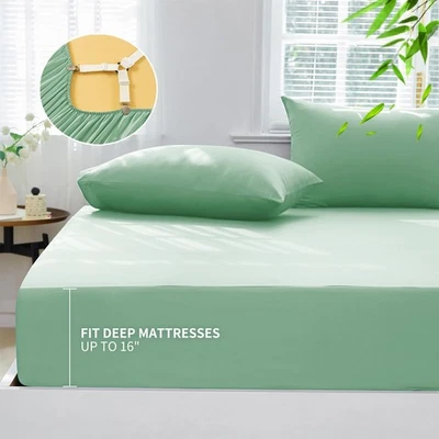 Sábana bajera 100 % viscosa derivada de bambú con fundas de almohada para dormir caliente... Foto 1 de 4