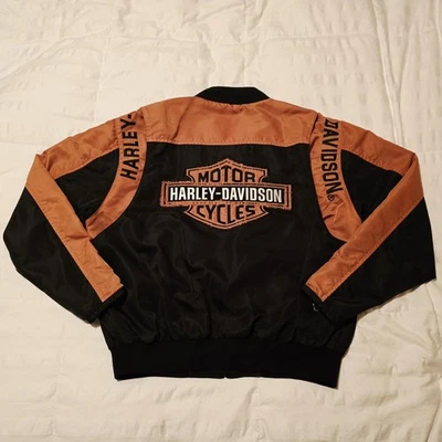 Chaqueta de bombardero de nailon Harley-Davidson vintage para hombre grande negra naranja barra motociclista usada en excelente estado Foto 1 de 4