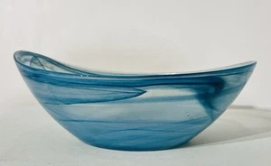 Turquoise Art Glass Swirl Oval Wave Bowl - Picture 1 of 6