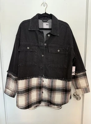SO Women’s Black Denim & Plaid Flannel Shacket Jacket Size Large – NWT Kohl’s - Image 1 of 3