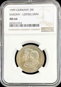 1909 E SILVER GERMANY SAXONY 2 MARKS LEIPZIG UNIVERSITY COIN NGC MINT STATE 64 - Picture 1 of 2