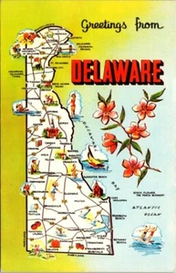 Tarjeta postal vintage saludos desde Delaware DE mapa estatal con puntos de interés T664 - Imagen 1 de 2