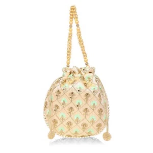 New Traditional Women's Round Drawstring Potli Bag Ladies Purse Handbag Green - Picture 1 of 6