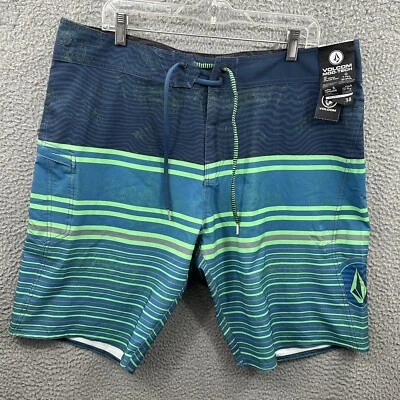 VOLCOM Boardshorts Mens 38 Blue Green Striped Lido Mod Tech Swimming Short New - Image 1 of 4