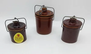 Vintage Brown Stoneware Butter Cheese Crocks Set Of 3 Glazed Kave Kure 4" & 5.5" - Picture 1 of 12