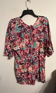 Venus Floral Pink V-neck Short Sleeves Elastic Waist Pockets Romper Sz L Boho - Picture 1 of 3