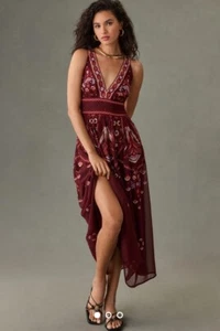 Anthropologie V Neck Deco Midi Dress Halter Embroidered Floral Wine Bord XL NWT - Picture 1 of 6