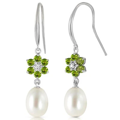 14K Solid White Gold Fish Hook Earrings w/ Diamonds, Peridots & Pearls - Image 1 of 3