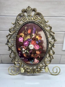 Vintage Bilderrahmen konvex Blase Glas verziert oval Messing Blumenmuster ITALIEN 1 - Bild 1 von 7