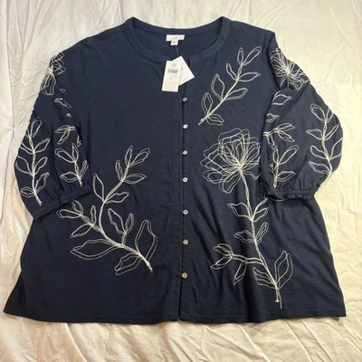 Top túnica J Jill azul marino bordado crema floral botón delantero XL nuevo Foto 1 de 4
