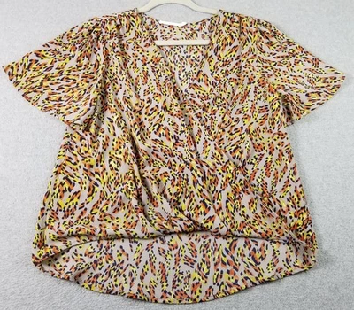 Top envolvente LUSH para mujer pequeño S abstracto mangas cortas cuello en V elástico crepé artístico Foto 1 de 4