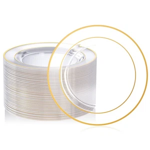 100 Count 10 Inch Clear and Gold Plastic Plates, Disposable Heavy Duty Clear ... - Picture 1 of 7