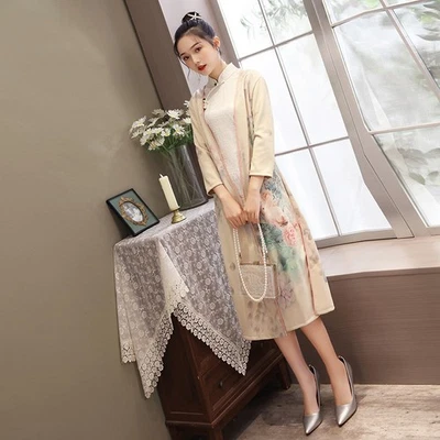 Bridesmaid Cheongsam with Suede and Aodai embellished wrap maxi dress in light p - Image 1 of 3