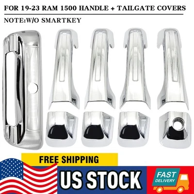 Manija cromada de 4 puertas para Dodge Ram 1500 2019-2023 + cubiertas de puerta trasera sin llave inteligente Foto 1 de 4