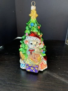 Polonaise Blown Glass Critter Christmas Mouse And Tree Ornament - Picture 1 of 5