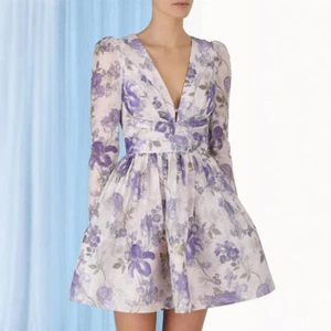 Women V Neck Mini A-Line Dress Long Sleeve Holiday Summer Beach Floral Sundress - Picture 1 of 14