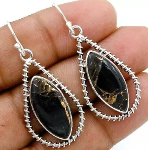 Natural Golden Black Turquoise 925 Sterling Silver Earrings @B7-7 - Picture 1 of 1