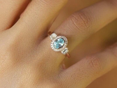 Anillo de cóctel Art Deco plata chapado en oro rosa aguamarina corte ovalado natural Foto 1 de 4