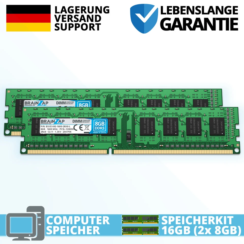 BRAINZAP 16GB DDR3 RAM UDIMM - PC3L-12800U 2Rx8 - 1600 MHz 1.35V DDR3L CL11 (2x 8GB)