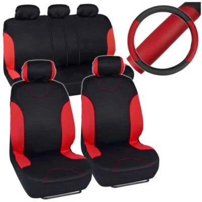 Red/Black Car Seat Covers Set Split Bench + PU Leather Steering Wheel Cover - Image 1 of 4