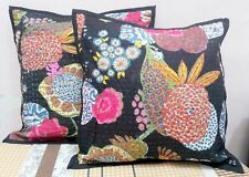 2 Pc Kantha CUSHION COVER Pillow Case 16" inch Black Floral Fruit Printed Throw