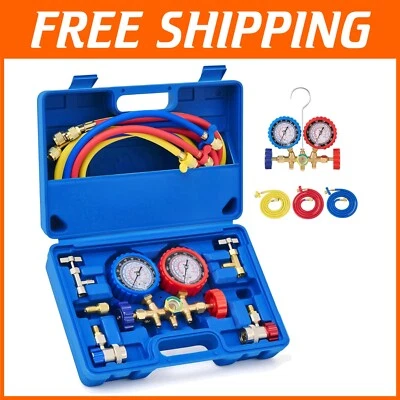 Durable AC Gauge Set with Adjustable Couplers & Color-Coded Hoses for AC Service - Image 1 of 4