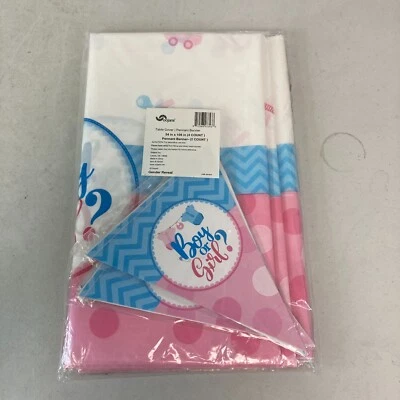 Cubierta de mesa vintage de 4 54" x 108" para baby shower revelación de género y 2 banderines Foto 1 de 4