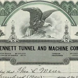 Vintage Stock Certificate 1912 Bennett Tunnel and Machine Co. Denver, CO #1409 - Picture 1 of 3