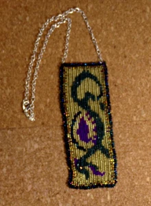 BEADWORK WOVEN TAPESTRY 2x5" PENDANT SILVER PLATE NECKLACE 16" CY94 J88CR cl88cR - Picture 1 of 7