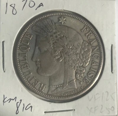 Rare 1870 A  France Liberty Large silver 5 Fr , Nice - Image 1 of 4