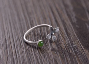 B11 Ring kleine Blume mit grünem Jaspis Sterling Silber 925 größenverstellbar - Bild 1 von 4