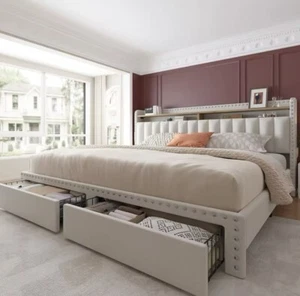 King Size Bed Frame with Storage and Headboard Upholstered Frame with 2 Drawers - Picture 1 of 6