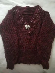 Hand Knitted Burgundy Jumper with Silver Beading Size 12 - Picture 1 of 5