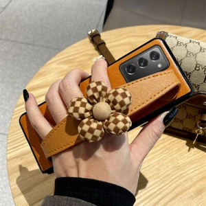Luxury Plaid Flower Leather Wristband Holder Case For Samsung Galaxy Z Fold6/5/4 - Picture 1 of 13
