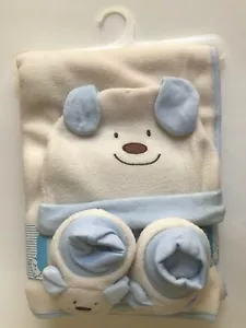 Little Mimos Fleece Blanket, Cap, Booties 3 Piece Baby Boys Shower Gift Set Blue - Picture 1 of 4