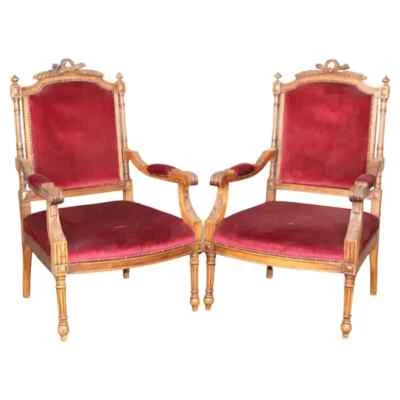 Pair of Carved Walnut Burgundy Velvet Louis XVI Fauteuil Armchairs, circa 1920 - Image 1 of 4