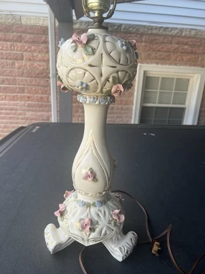Vintage porcelain table lamp w/ applied floral Flower & gold luster decoration - Image 1 of 4