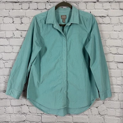 Camisa feminina Chico's de veludo manga longa tamanho 1 EUA 8/10-M botão frontal azul-petróleo - Imagem 1 de 4