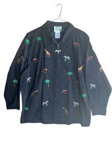 The Quacker Factory Safari Animals Embroidered Jacket Full Zip Plus Size 1X - Picture 1 of 11